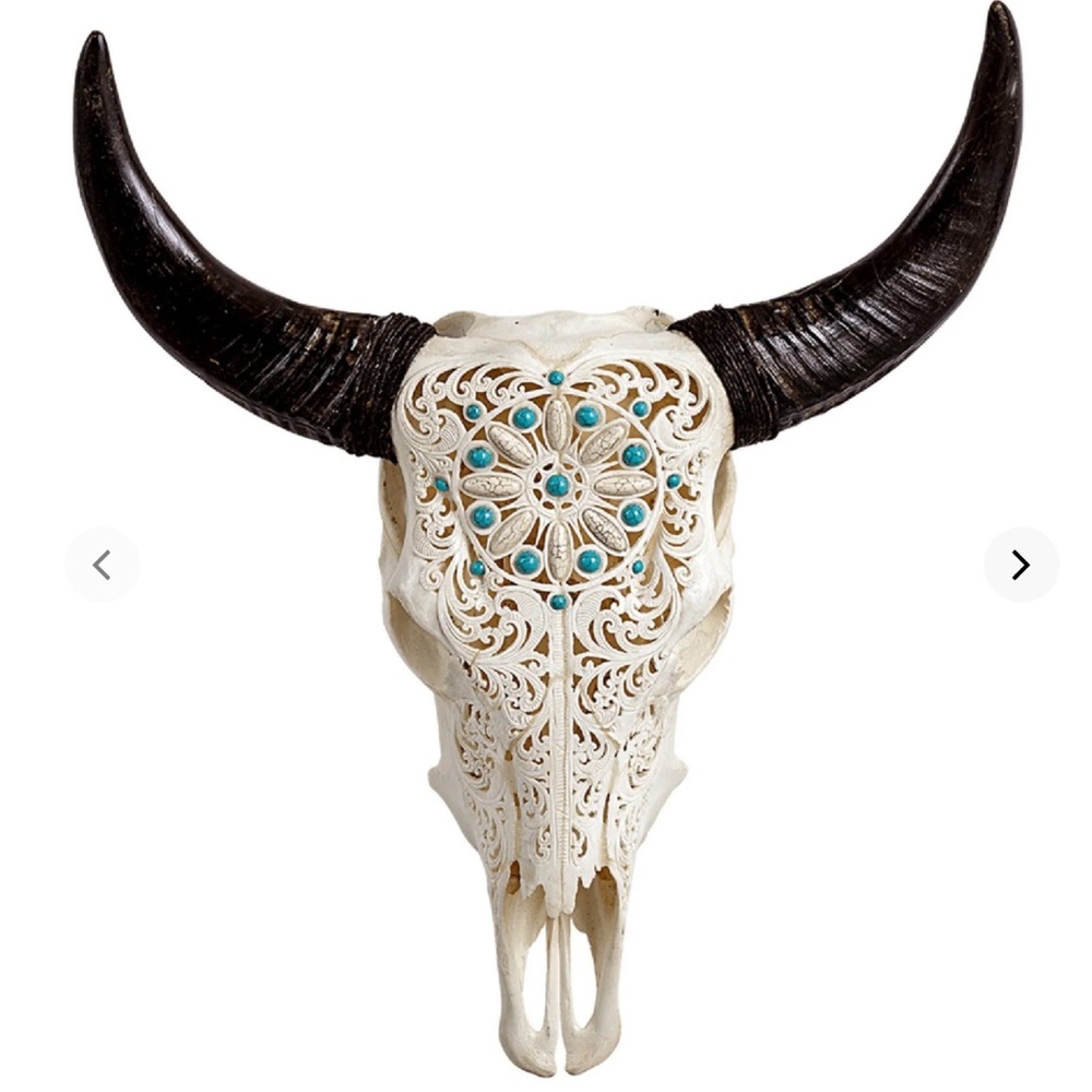 Skull Bliss Turquoise Dreaming Hand Carved Cow Skull